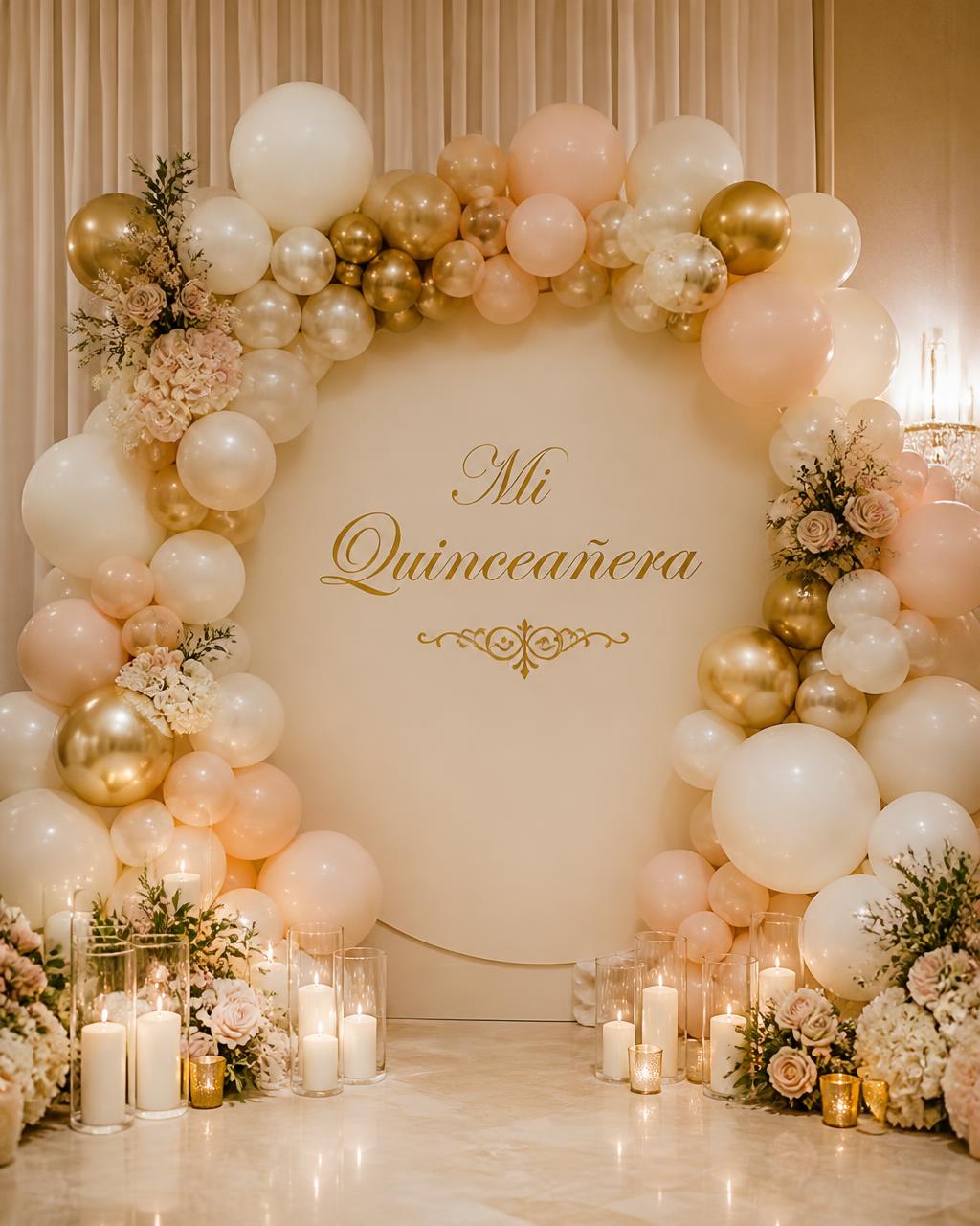 Organic balloon arch in ivory, champagne and blush framing a backdrop in El Paso