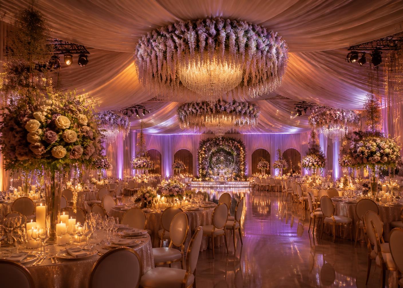Luxury wedding reception ballroom with floral chandeliers in El Paso, Texas