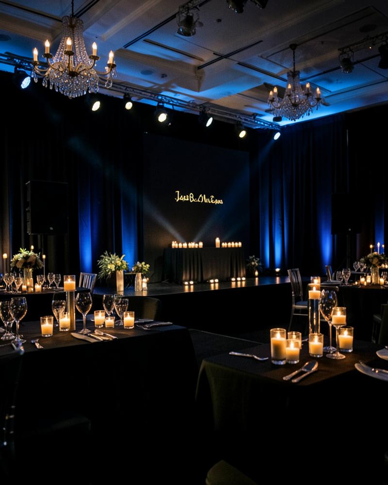Upscale corporate gala with candlelit tables and stage lighting in El Paso