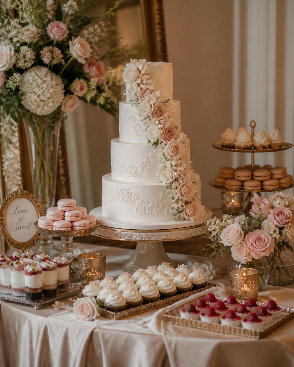 Styled dessert table with tiered cake, macarons and blush florals in El Paso