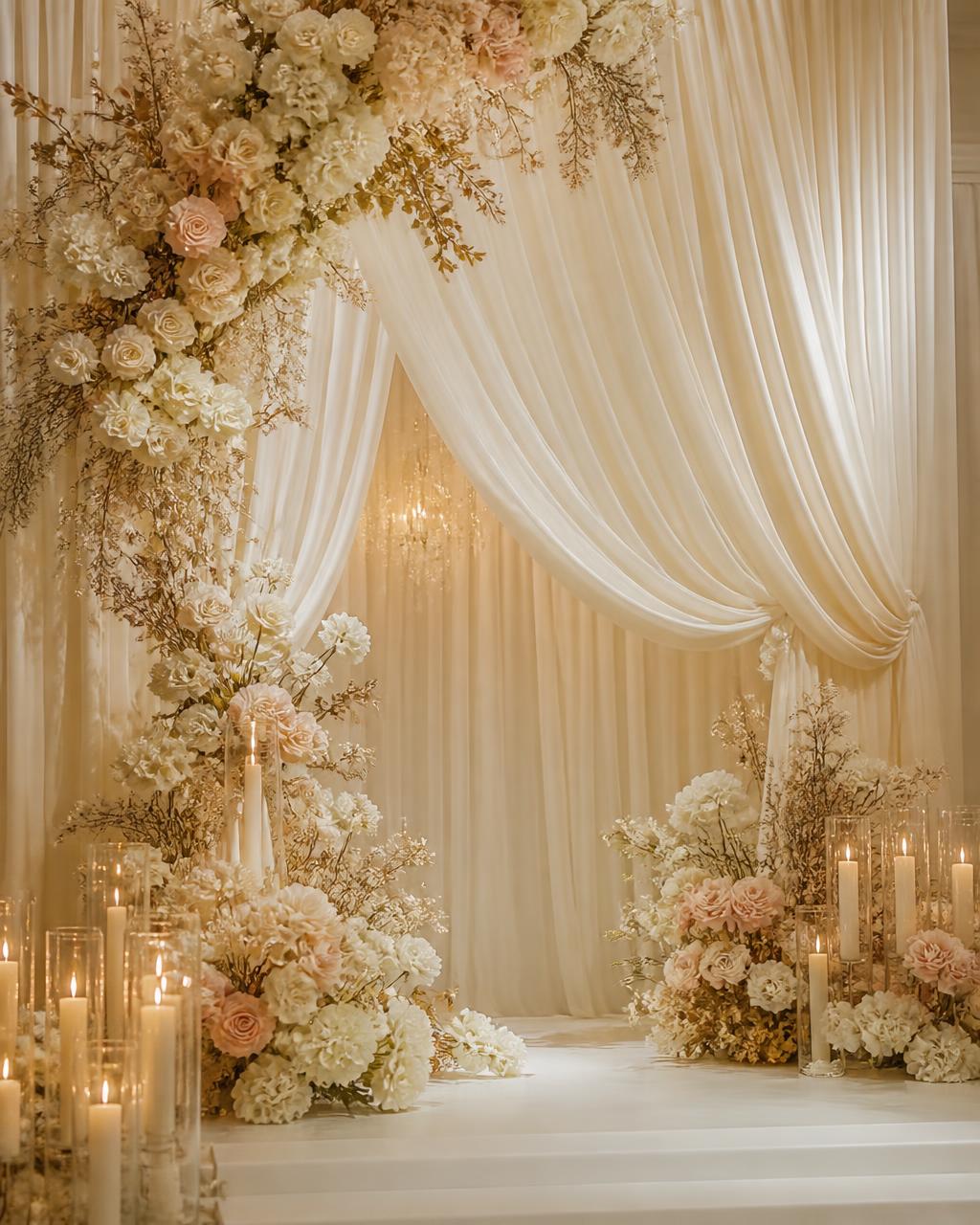 Draped ivory ceremony backdrop with cascading florals and candles in El Paso
