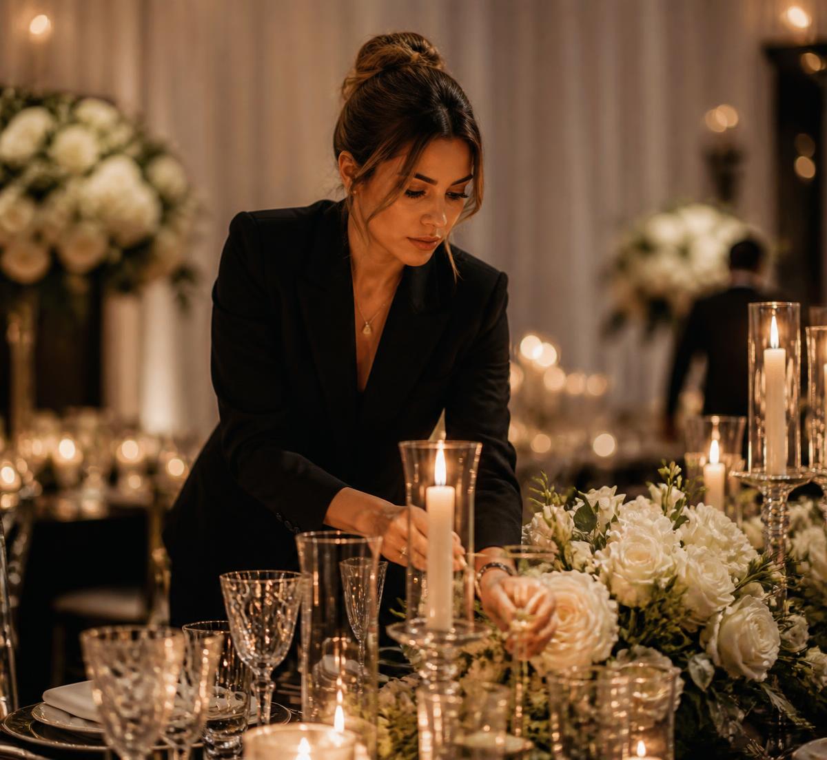 Elizabeth Anderson styling candles and florals at a luxury El Paso reception