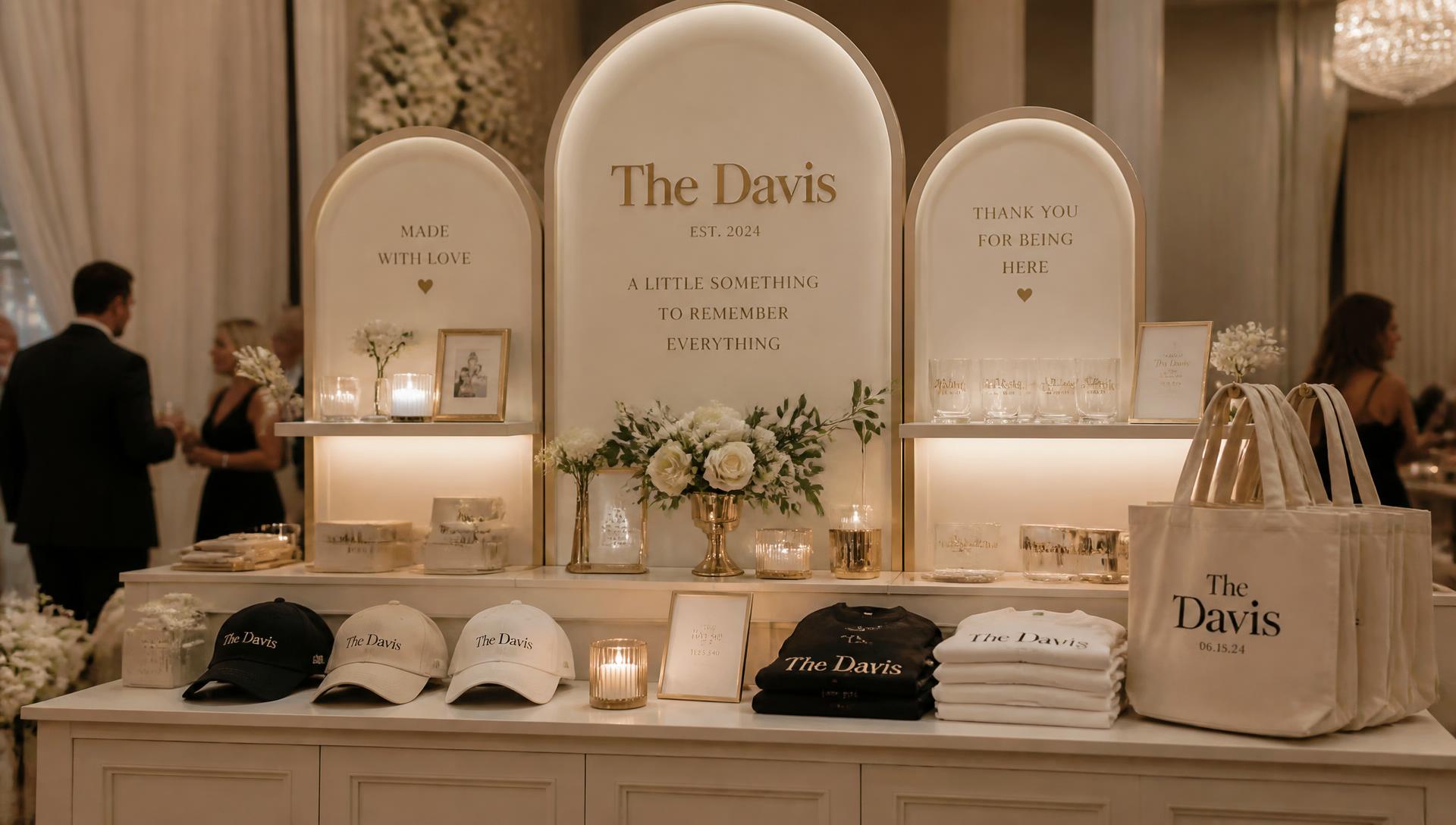 Elegant event merch shop display with custom hats, tees and tote bags at an El Paso wedding