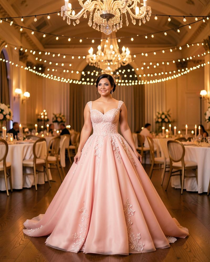 Quinceañera in a blush ballgown in a softly lit El Paso ballroom