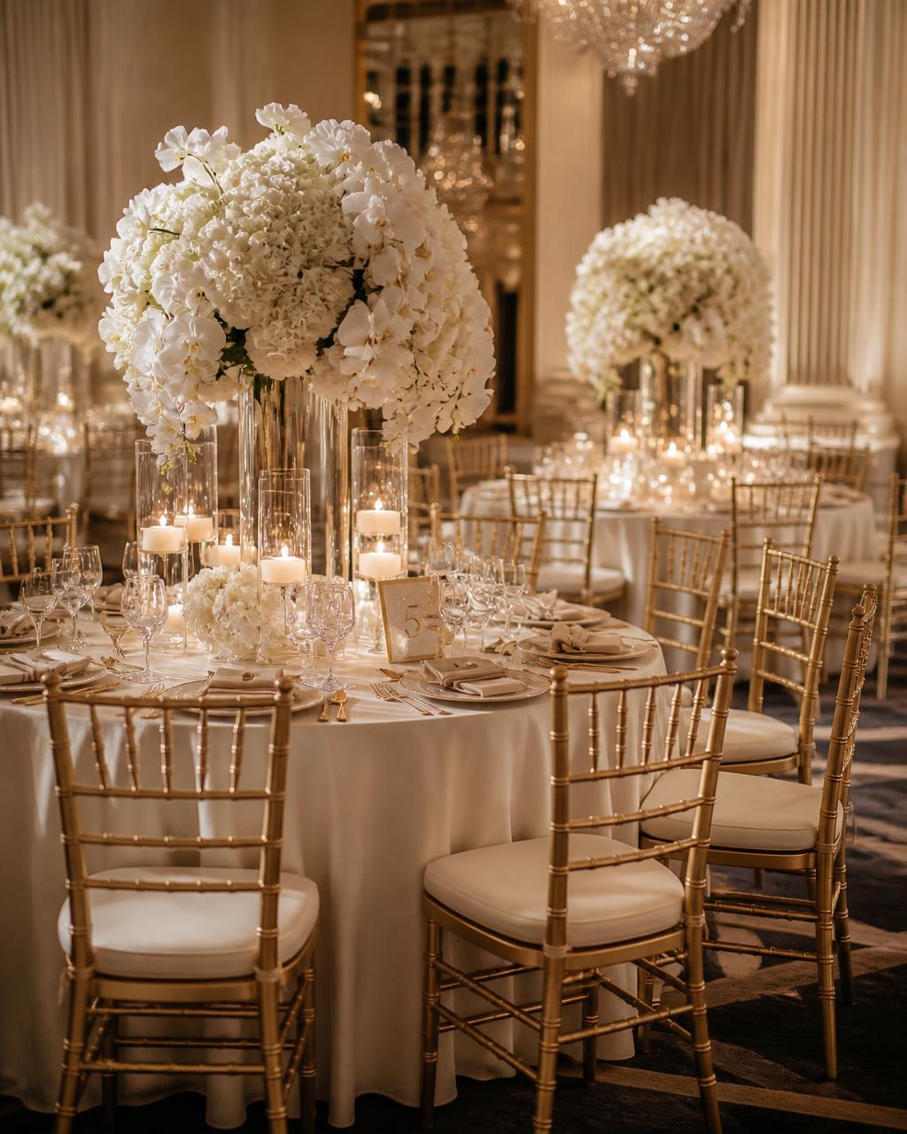 Gold chiavari chairs and tall white floral centerpieces in an El Paso ballroom