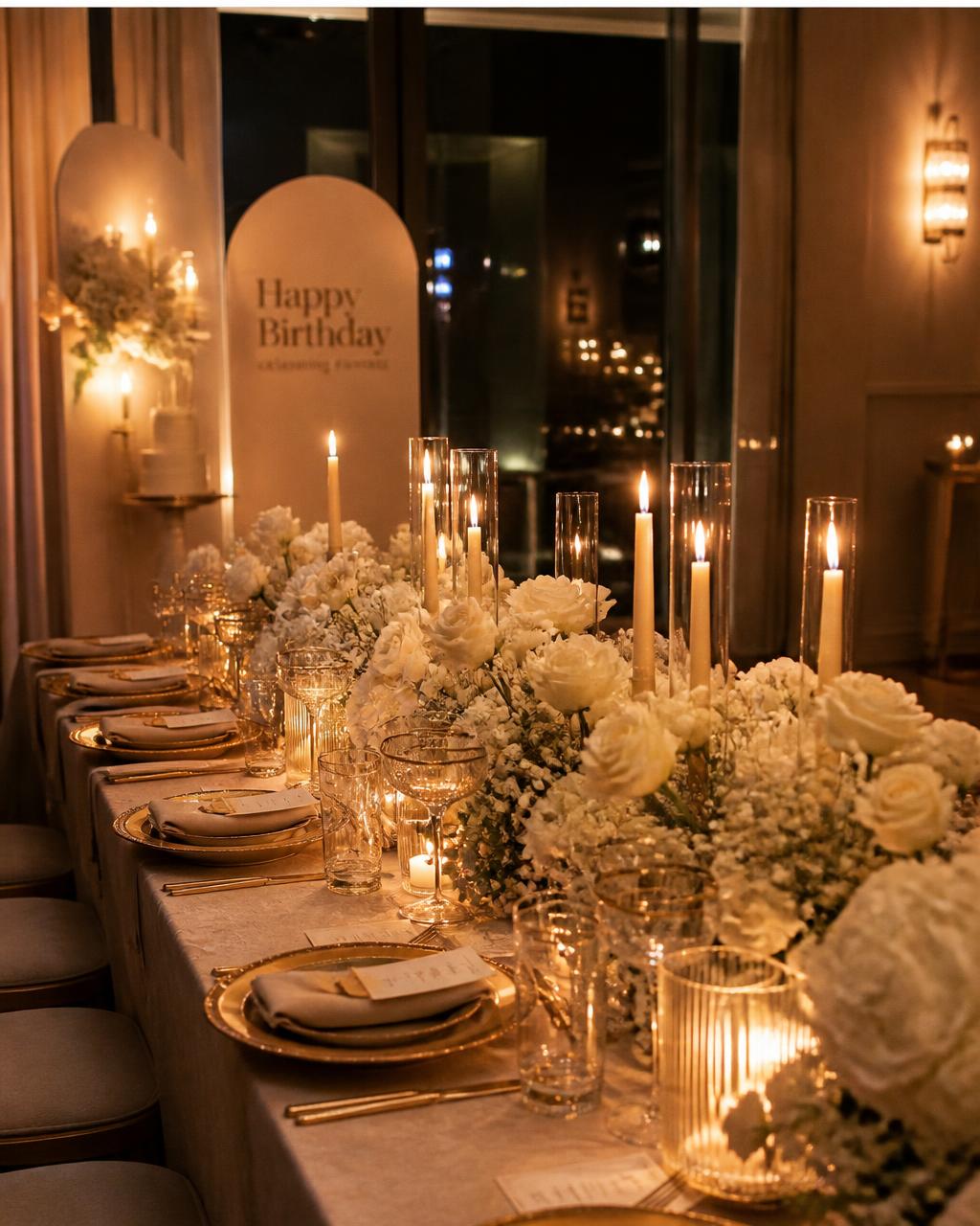 Candlelit birthday dinner tablescape with ivory florals in El Paso