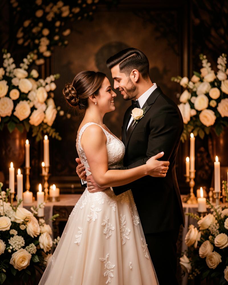 Bride and groom embracing at a candlelit luxury wedding in El Paso, Texas